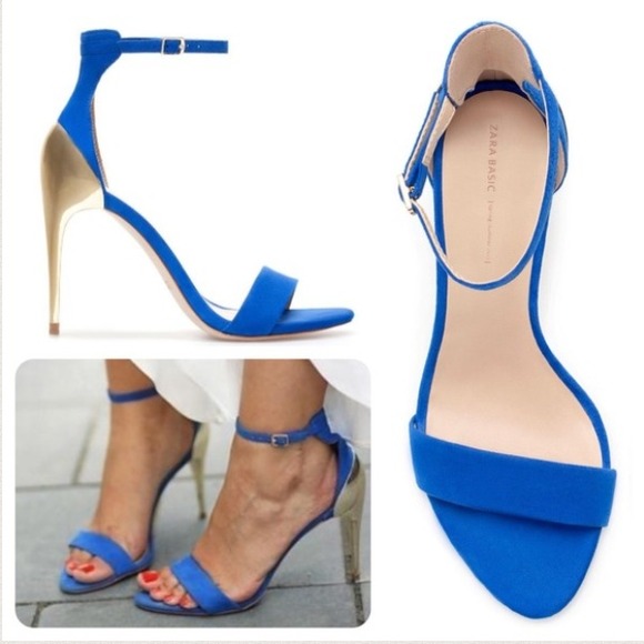 Zara Blue Stiletto Gold High Heel Sandals Shoes