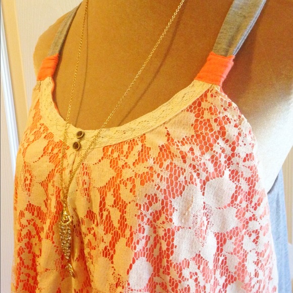 Peach/Coral and Gray Lace Knit Babydoll Tank Top - Picture 3 of 4
