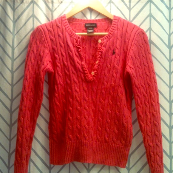 Bright pink RL ruffle cable knit sweater