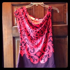 One shoulder purple and coral blouse