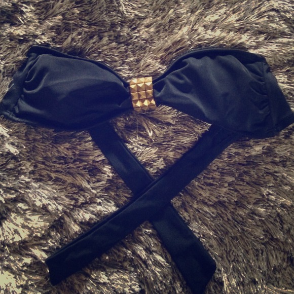 Xhileration Bandeau Bikini Black w Gold Studs S