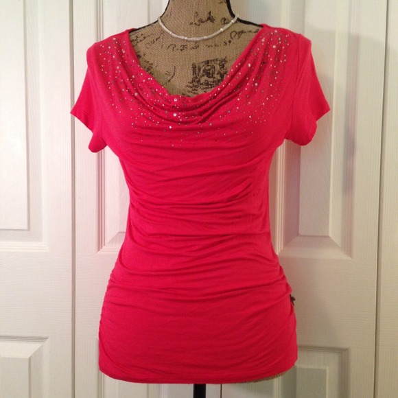 ! S O L D ! Bright Pink Drape Neck Top with Bling