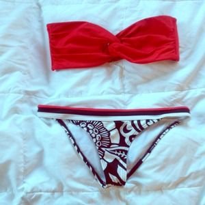 Red strapless bathing suit!