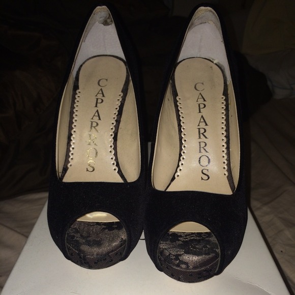 Caparos Black Velvet pumps with lace covered heel