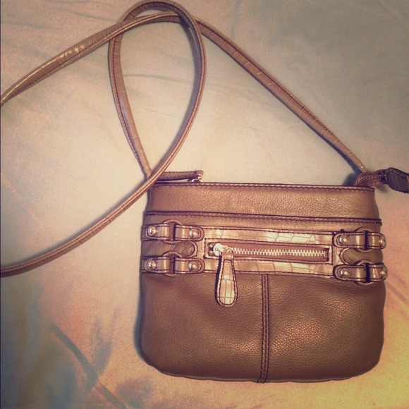 Gray leather hand bag with crossover strap