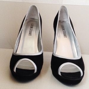 Colin Stuart black suede peep toe platform pumps