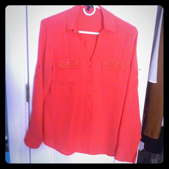 Coral blouse with studded pockets