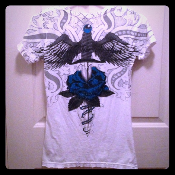 Sinful Femme Fatale Tee with Blue Rose Rhinestones