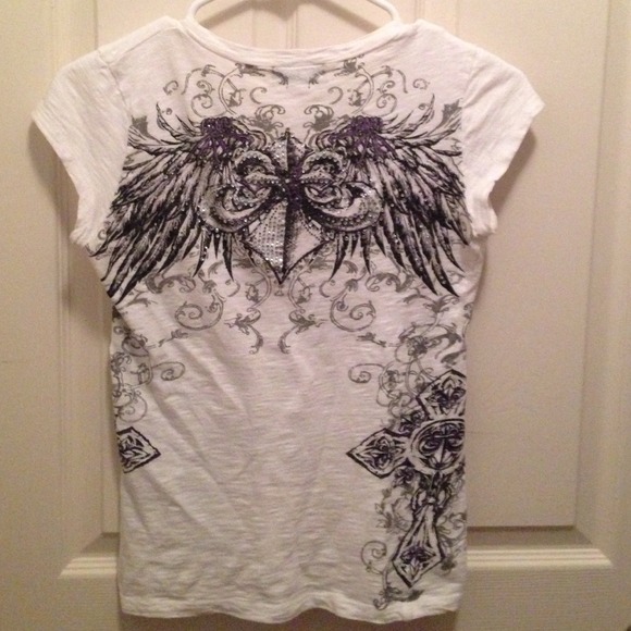 White Tee with Purple & Gray Designs and Bling - Picture 1 of 3