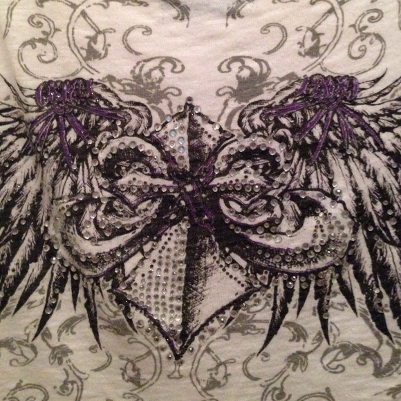 White Tee with Purple & Gray Designs and Bling - Picture 3 of 3
