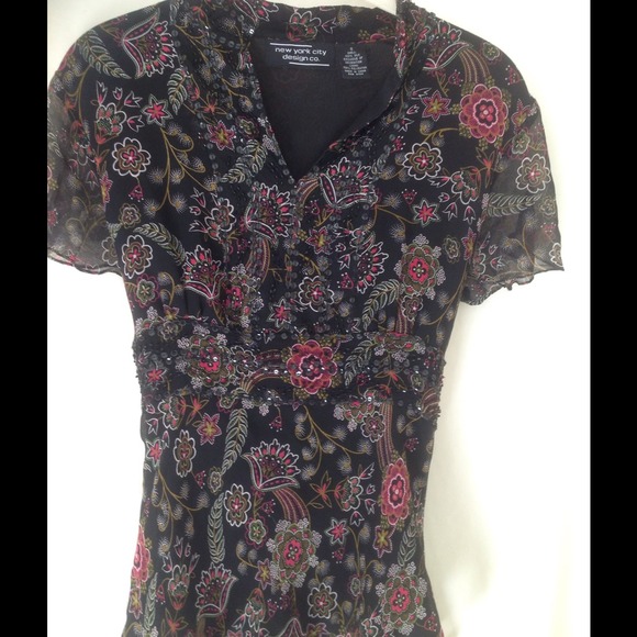 Silk print top, bead/sequins excellent condition!