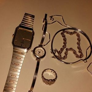 3 bracelets 1ring and bangle,2 watches.all SS