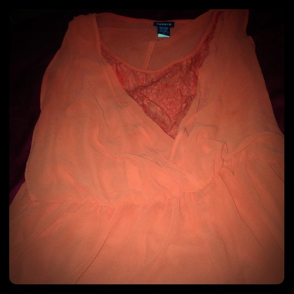XL Orange Sheer Dressy Top with Lace!