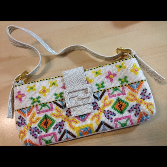 Fendi extremely rare baguette bag exotic lizard and beaded bag