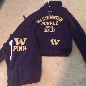 UW Purple Gold Pink Zip Up Hoodie and sweat pants