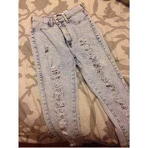 Acid wash distressed high waisted jeans