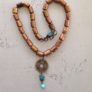 Wood and Chinese coin necklace
