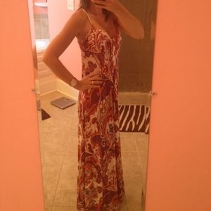 Paisley print maxi dress, spaghetti straps.