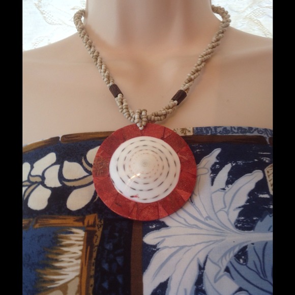 Bali red coral and shell necklace