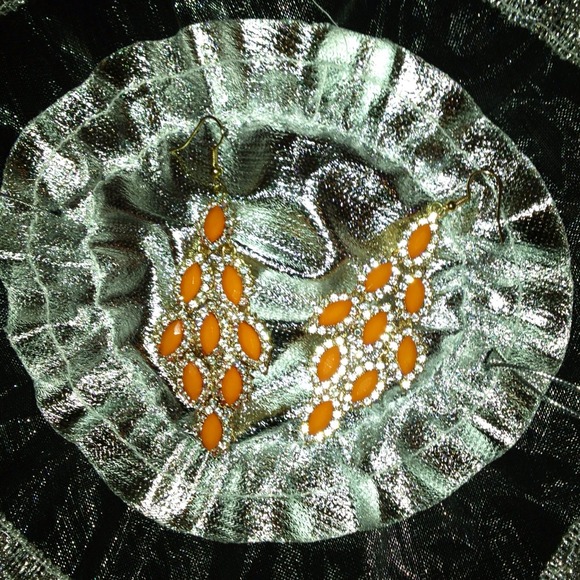 Orange and rhinestone dangling earrings