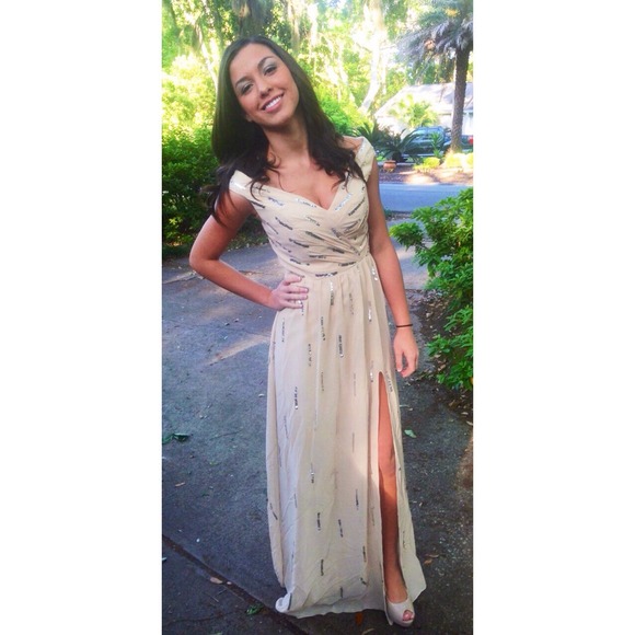 Beige/nude prom dress slit chiffon