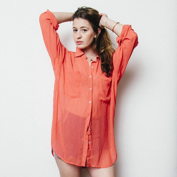 Soft Red Oversized Chiffon Button Down Blouse
