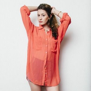 Soft Red Oversized Chiffon Button Down Blouse