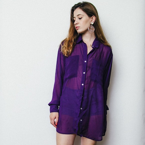 Purple Oversized Chiffon Button Down Blouse