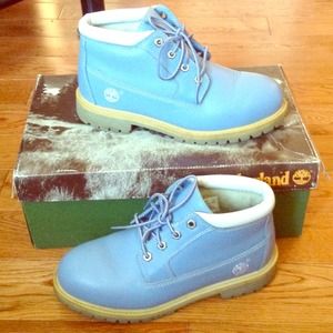 blue and white timbs