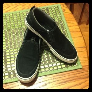 Vans black and white slip ons