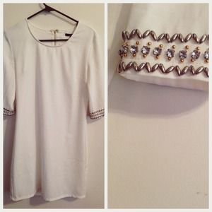 Lulu's | White Shift Dress w/ Embellished Sleeves