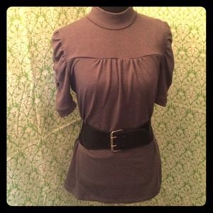 Gray mock turtle belted lightweight sweater