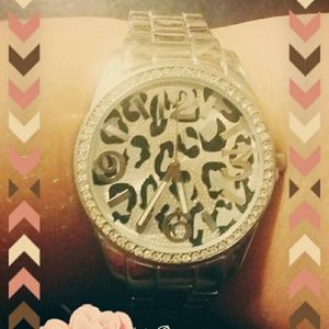 Silver cheetah and rhinestone watch