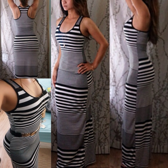 Long Trendy Striped Maxi Dress (Black & White). - Picture 1 of 2
