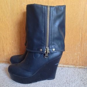 Candies Leather Moto Fold Over Wedge Boots