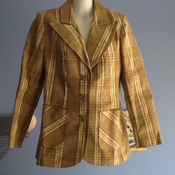 Plaid tan, cream and green jacket