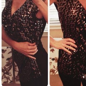 MICHAEL KORS drape neck long sequin black blouse