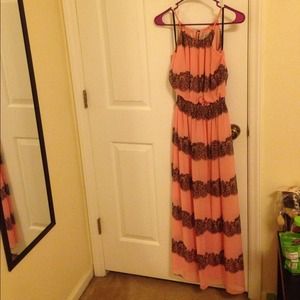 Pink Black Lace Patterned Long Maxi Dress