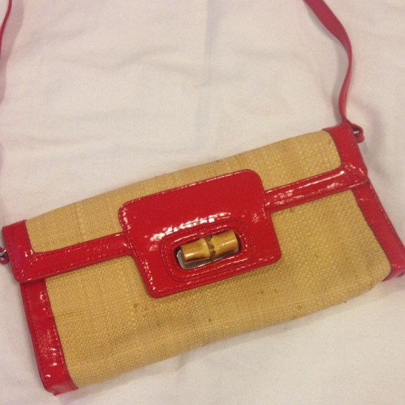 Red patent and natural bamboo clutch handbag!