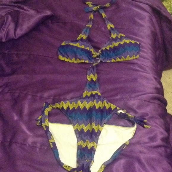 Yellow blue and purple zig zag bathing suit