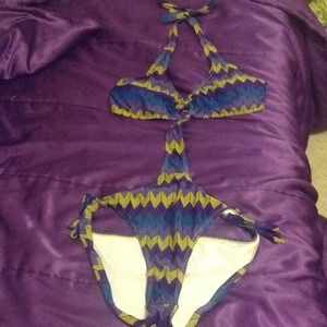 Yellow blue and purple zig zag bathing suit