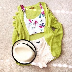 Jackets & Coats - Yellow Green Cardigan with Cut-Out Shoulders Jackets & Coats - Yellow Green Cardigan with Cut-Out Shoulders