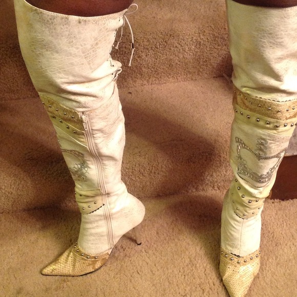 Cream and light gold thigh high boots. Worn once.