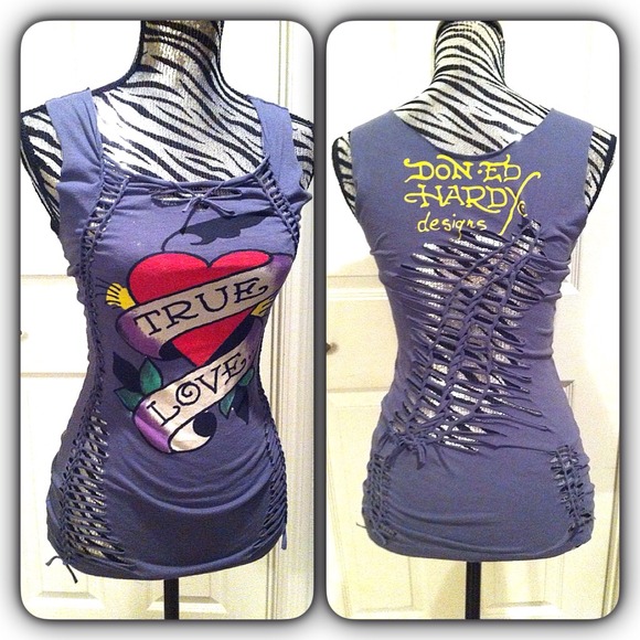 Ed Hardy Tops - Ed Hardy True Love Sliced, Shredded and Weaved Tee
