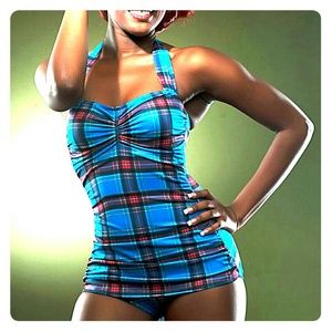 18. Blue Plaid Pinup Halter Swimsuit