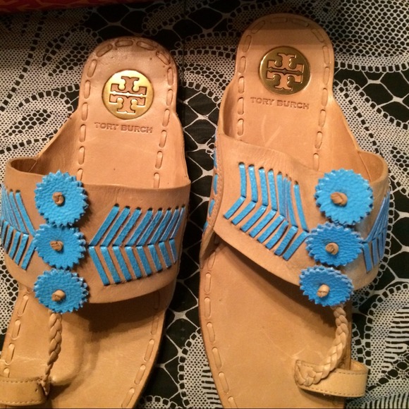 Tory burch  turquoise and tan leather sandals.