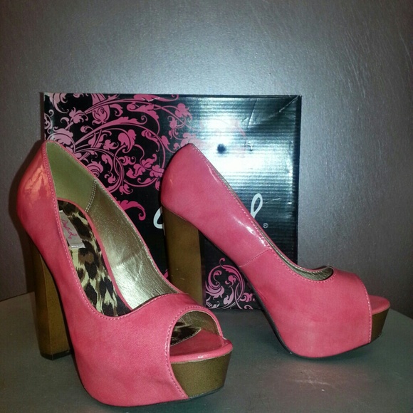 Pink and tan pleather peep toe platforms