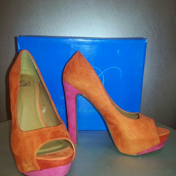 Orange, hot pink, fuscia suede platforms