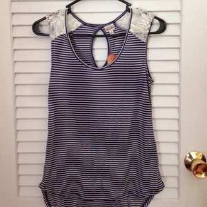 Blue striped shirt with lace on Shoulders!😊