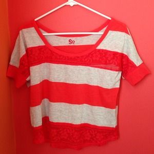 Pink/orange & gray striped shirt w lace